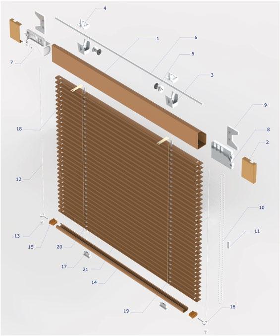 Prowadzenie boczne 13. Napinacz żyłki 14. Rynna dolna (19x10 mm) 15. Zakończenie rynny dolnej 16. Sworzeń 17. Korek rynny dolnej 18. Klips drabinki 19. Drabinka 20. Pasek poliestrowy 21.