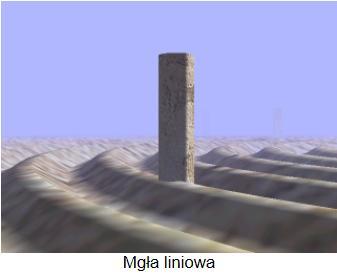 Grafika 3D Efekty specjalne Mgła (fog) polega na sterowaniu współczynnikiem przejrzystości tekstur (blending) Mgła