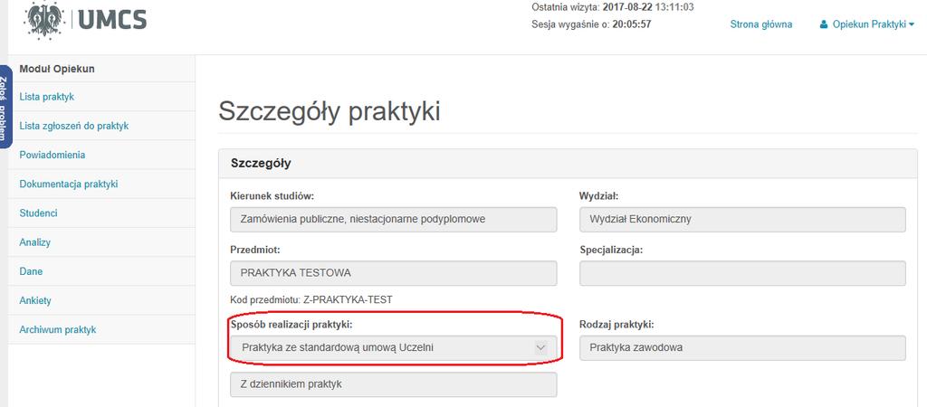 8. Opiekun praktyk wystawia ocenę i opinię (nieobligatoryjnie) ze zrealizowanej przez studenta praktyki, ocena automatycznie jest przesyłana do systemu USOS. 9. Student wypełnia ankietę w systemie. 3.