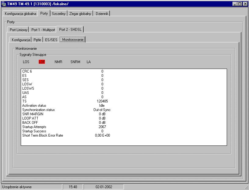 KONFIGURACJA MULTIPLEKSERA TM-49 PRZY UŻYCIU TERMINALA LANWIN 12.2.3.4. Zakładka SHDSL, Monitorowanie Rys. 12-19. Zakładka Monitorowanie.