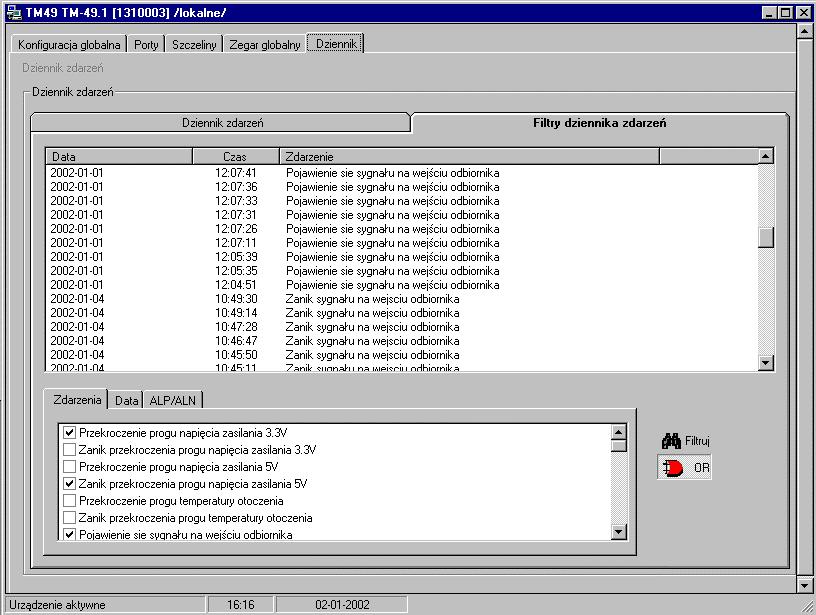 KONFIGURACJA MULTIPLEKSERA TM-49 PRZY UŻYCIU TERMINALA LANWIN Filtruj - wyświetlane są zdarzenia typu i wartości takiej jak, w zakładce po