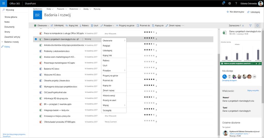 Praca z plikami Wybierz witrynę ze strony głównej programu SharePoint lub wprowadź jej adres URL w przeglądarce. Następnie wybierz pozycję Dokumenty w lewym okienku nawigacji.