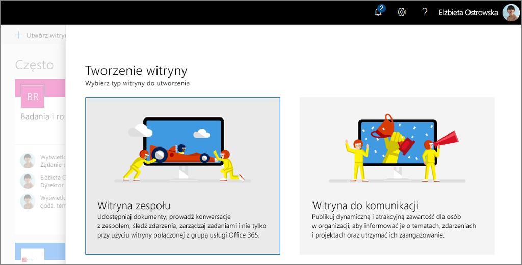 Tworzenie witryny Wybierz pozycję + Utwórz witrynę na stronie głównej programu SharePoint, aby utworzyć nową witrynę programu SharePoint.