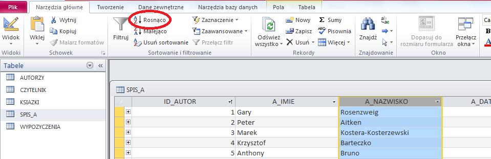 5. W tablicy SPIS_A posortuj rekordy malejąco według pola A_NAZWISKO.