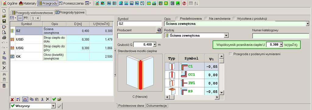 Krok 4 Współczynnk przenkana cepła Współczynnk przenkana cepła określa sę w okne Przegrody.