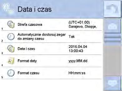 Uwaga: Dostęp do ustawień parametru < Data i Czas> jest możliwy tylko dla użytkownika o odpowiednim poziomie uprawnień. Poziom uprawnień możne być zmieniony przez administratora w menu <Uprawnienia>.