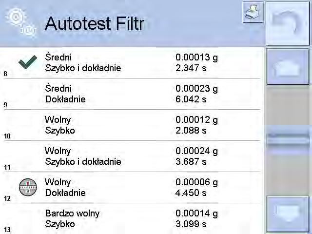 AUTOTEST FILTR Jest to procedura 10-krotnego nakładania i zdejmowania odważnika wewnętrznego dla wszystkich możliwych nastaw filtra i zatwierdzenia wyniku, kiedy sprawdzane są 2 parametry: