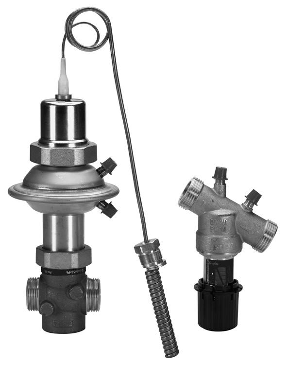 AVTQ DN 20 regulator temperatury kompensowany przepływem Opis AVTQ zapobiega powstawaniu wysokich temperatur w wymiennikach ciepła gdy nie ma rozbioru ciepłej wody użytkowej.