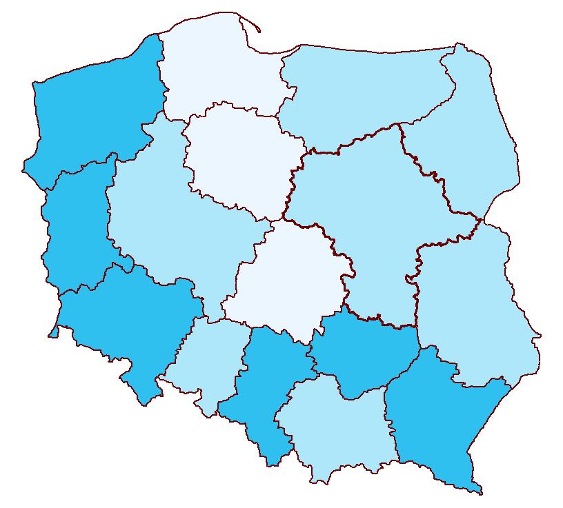 Udział gruntów należących do Samorządów Województw w ogólnej powierzchni województw 0,2% do 0,26% (6) 0,15% do 0,2% (7) 0,1% do 0,15% (3) (w nawiasie podano liczbę