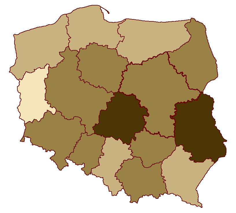 Udział gruntów rolnych w ogólnej powierzchni województw 70% do 71% (2) 60% do 70% (8) 50% do 60% (5) 42% (1) (w nawiasie podano liczbę województw)