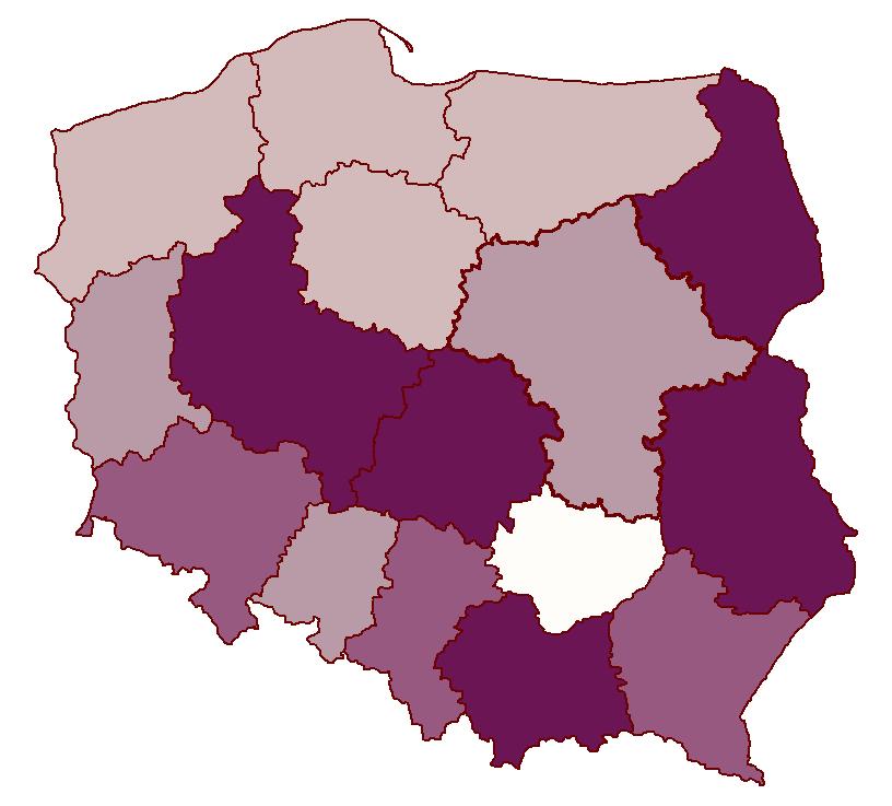 Udział powierzchni gruntów nieobjętych modernizacją ewidencji gruntów i budynków w ogólnej powierzchni województw 85 225 104 221 65 019 216 100 22 491 2 559 6 627 7 476 327 546 4 690 51 819 5 568 1