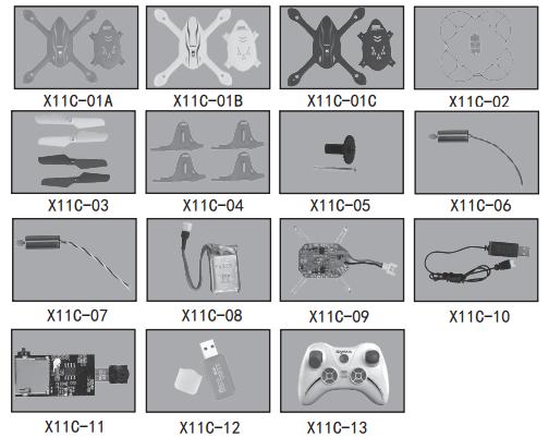 12.2 Syma X11C X11C-01A Obudowa czerwona X11C-01B Obudowa biała X11C-01C Obudowa czarna X11C-02 Osłonki śmigieł X11C-03 Śmigła X11C-04 Uchwyty na silnik