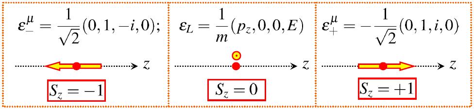 Stany polaryzacji bozonu o spinie 1 Funkcja falowa bozonu B = e -i p x = e i ( p x E t ) Wektor polaryzacji w układzie spoczynkowym bozonu: x = (0, 1, 0, 0) z = (0, 0, 0, 1) y = (0, 0, 1, 0) Można