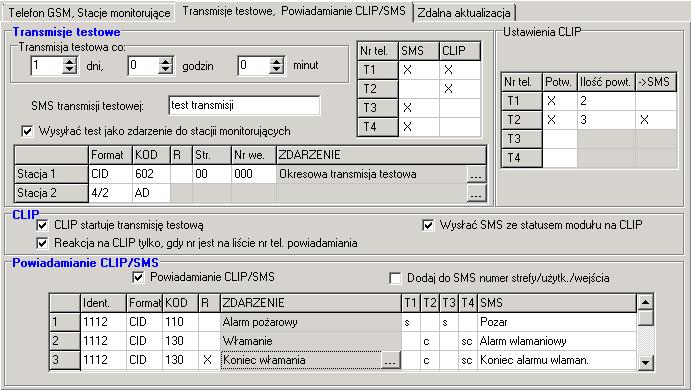 14 GPRS-T1 SATEL 4.3.3 ZAKŁADKA TRANSMISJE TESTOWE, POWIADAMIANIE CLIP / SMS Rys. 8. Zakładka Transmisje testowe, Powiadamianie CLIP / SMS.