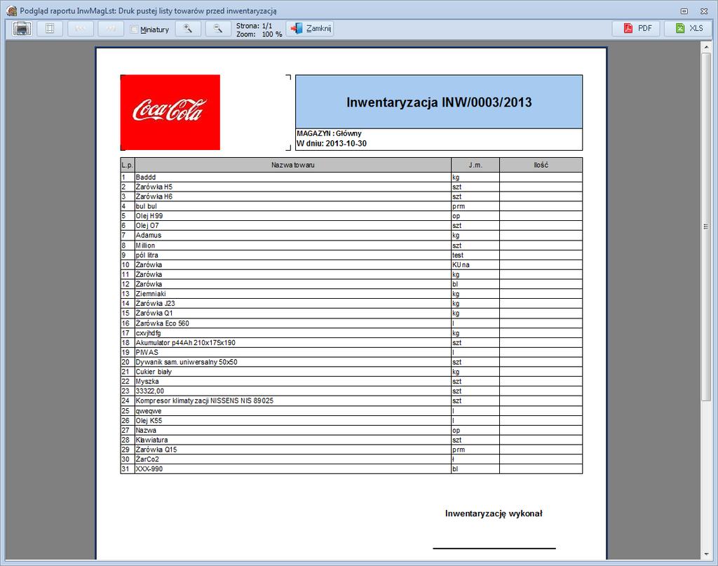 Po kliknięciu na Arkusz inw. pokazuje się raport z listą towarów dla inwentaryzacji, który jest przydatny podczas spisywania ilości towarów w magazynie.
