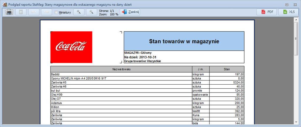 pokazane stany i obroty towarów oraz datę według której będą wyliczone stany, po czym kliknąć na przycisk Zatwierdź :