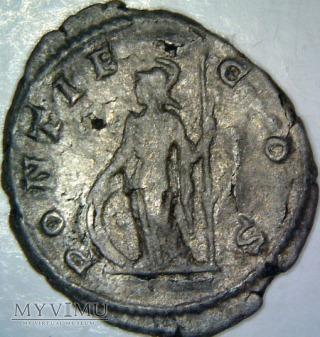 P SEPTIMIVS GETA CAES, draped bust right / PONTIF COS, Minerva standing left holding spear & leaning on shield.