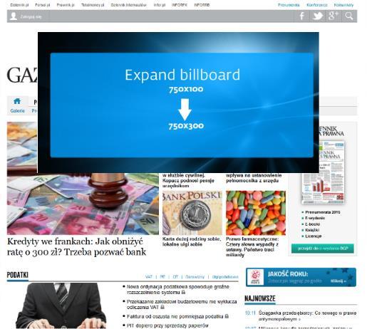 12 S t r o n a Expand billboard Reklama w formie prostokąta o wymiarach 750x100 pikseli, emitowana na górze strony.