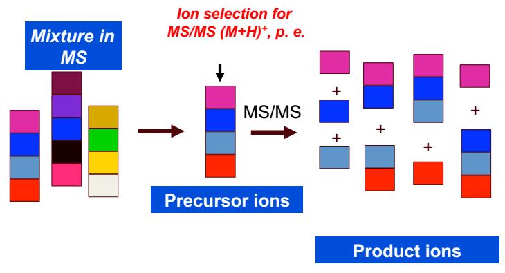 Tandemowa spektrometria mas (MS/MS) analiza danych Fragmentacja: Izolacja wybranych jonów w trybie MS Wytworzenie jonów pochodnych w trybie MS/MS Informacja na temat budowy strukturalnej MS Spectrum