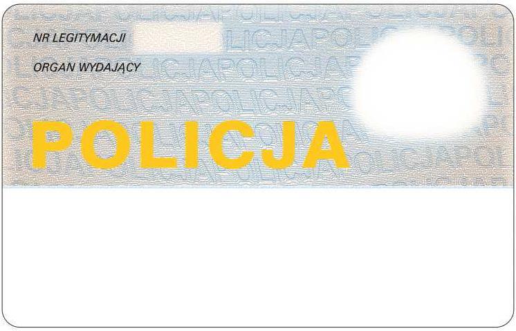 awers 1) tło w kolorze beżowo-niebieskim z napisami POLICJA; 2) w górnej części dokumentu nazwa jednostki organizacyjnej Policji, w której policjant pełni służbę lub w przypadku legitymacji