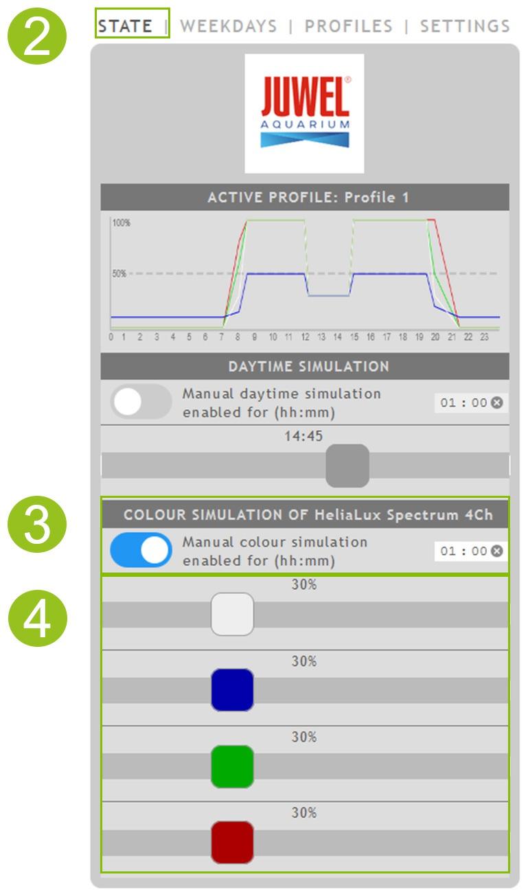 Manualne sterowanie kolorami oświetlenia Aktywowanie manualnego sterowania: 1. Ustanowić połączenie z pulpitem obsługowym kontrolera HeliaLux SmartControl.