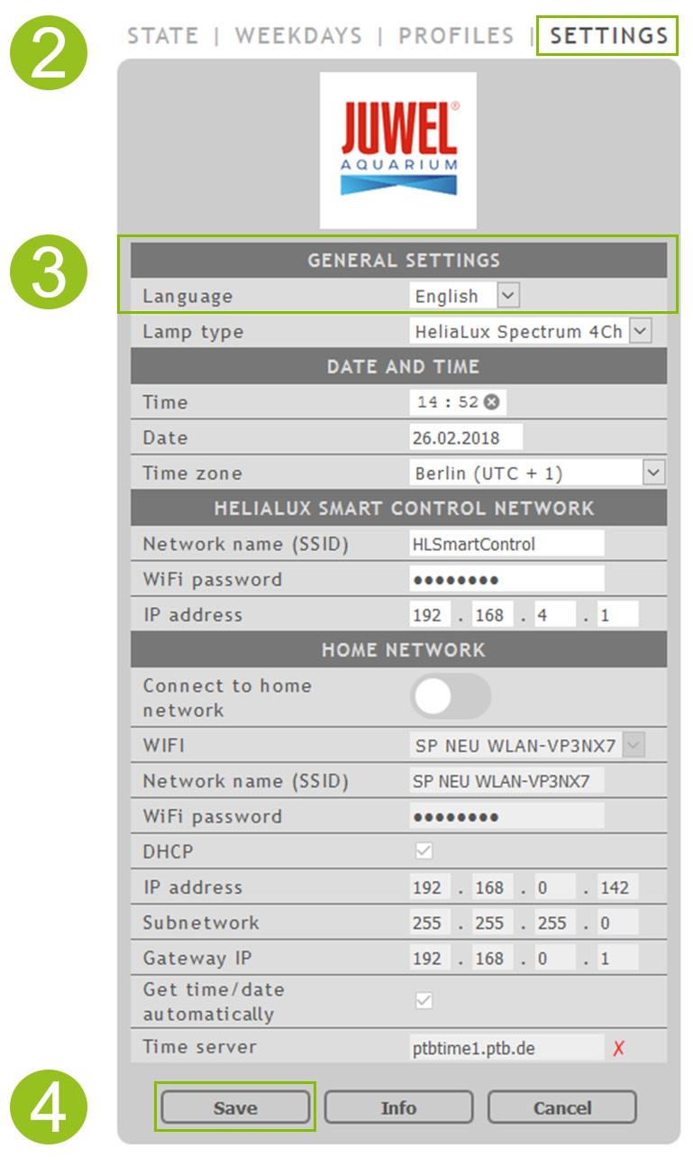 Ustawienia podstawowe Wybór języka 1. Ustanowić połączenie z pulpitem obsługowym kontrolera HeliaLux SmartControl.