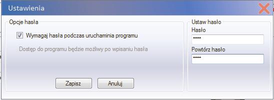 5.4. OCHRONA DOSTÊPU DO PROGRAMU W celu zapewnienia ochrony przed dostêpem osób niepowo³anych, program daje mo liwoœæ ustawienia has³a. Domyœlnie opcja jest wy³¹czona. 5.4.. USTAWIENIE HAS A Klikn¹æ przycisk Opcje (rys.