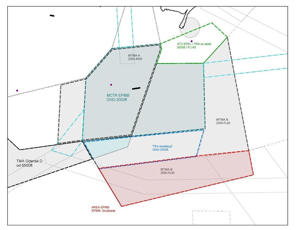 2.7. Malbork (EPMB) W rejonie Malborka planowane zmiany w strukturach przestrzeni powietrznej obejmują: a) Utworzenie MCTR EPMB (klasa D, GND-2000ft AMSL) oraz dwusegmentowego MTMA Malbork (klasa D);