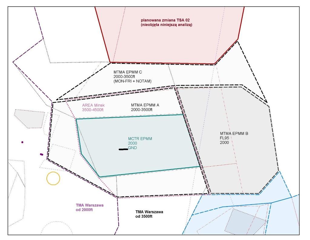 2.5 Mińsk Mazowiecki (EPMM) W rejonie Mińska Mazowieckiego planowane jest: a) Utworzenie MCTR EPMM (GND-2000ft AMSL) nieznaczne powiększenie na zachód względem obecnego MATZ EPMM A (rys.