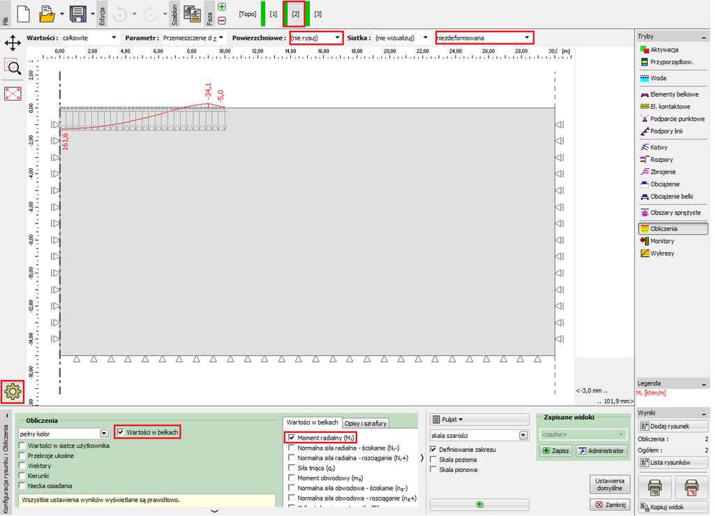Przeanalizujemy następnie przebieg momentu radialnego M r knm m w fazach nr 2 oraz 3 (wybierzemy przycisk Ustawienia i zaznaczymy opcję Moment radialny M r w zakładce Wartości w belkach ) i zapiszemy