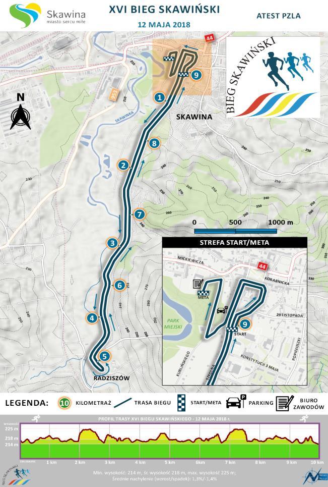 V. TERMIN I MIEJSCE 1. Bieg odbędzie się w dniu 12 maja 2019 r. w Skawinie, na trasie Skawina-Radziszów- Skawina, dystans 10km. 2. Start do biegu głównego nastąpi o godzinie 15.30 z ul.