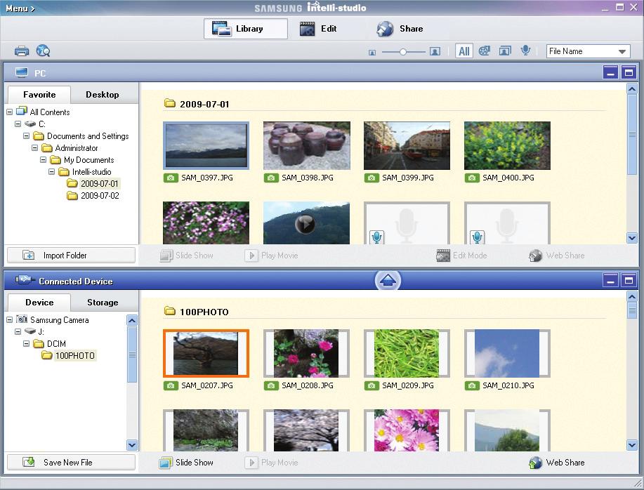 Przesyłanie plików do komputera (w systemie Windows) Korzystanie z programu Intelli studio Intelli studio jest wbudowanym programem, umożliwiającym odtwarzanie i edytowanie plików.