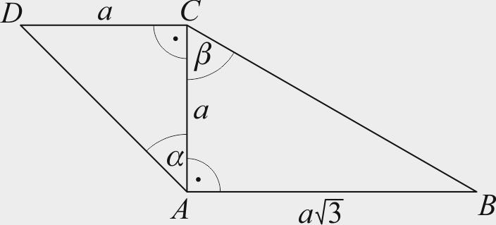 ZADANIA 1 Na rysunku obok przedstawiony jest czworokąt ABCD, w którym DC = AC = a oraz AB = a 3. Przekątna AC tworzy z bokiem AD kąt ostry α, zaś z bokiem CB kąt ostry β oraz AC DC i AC AB.