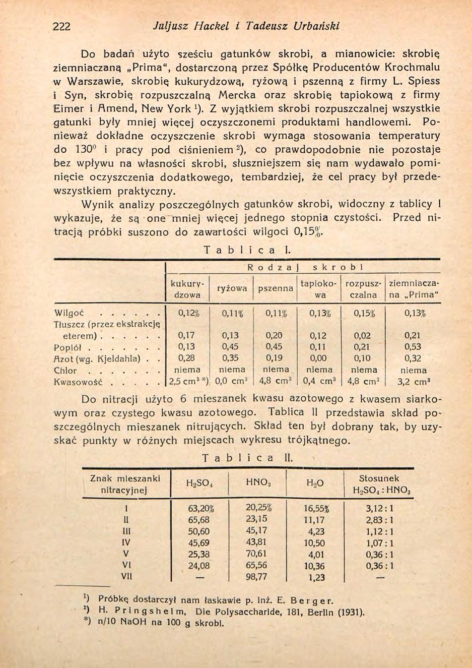 222 Juljusz Hackel i Tadeusz Urbański Do badań użyto sześciu gatunków skrobi, a mianowicie: skrobię ziemniaczaną Prima", dostarczoną przez Spółkę Producentów Krochmalu w Warszawie, skrobię