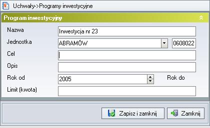 Rysunek 49. Formularz edycji programu inwestycyjnego Po wypełnieniu wszystkich pól formularza, należy zapisać dane przyciskiem Zapisz i zamknij.