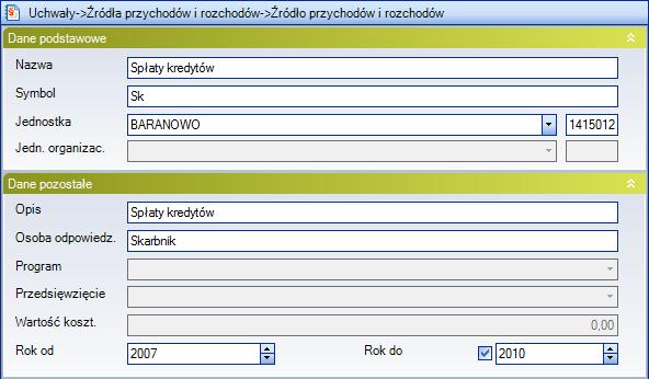 3.5.5. Źródła przychodów i rozchodów Kategoria Źródła przychodów i rozchodów zawiera informacje do załączników Plan przychodów i Plan rozchodów (rys. 52).