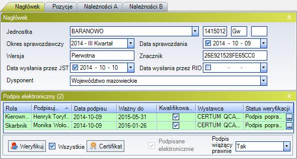 Po uzyskaniu pozytywnych wyników weryfikacji dla każdego ze złożonych podpisów należy zaznaczyć pole Podpis wiążący prawnie w oknie Sprawozdania w sekcji Podpis elektroniczny.