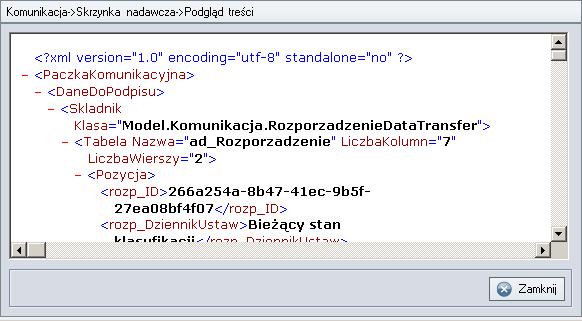 6.6. Podgląd wiadomości w formacie XML Każda z wiadomości znajdujących się w module Komunikacja może zostać wyświetlona w formacie źródłowym XML.