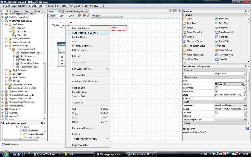 8.2. Przejdź do trybu Design strony Page1, zaznacz komponent dropdown1 i prawym klawiszem myszy kliknij nad tym zaznaczonym komponentem. Z wyskakującego menu ustaw Auto-Submit on Change.