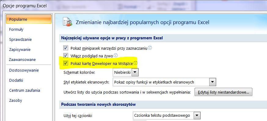 MS Excel 2010 i nowszy Karta będzie widoczna przy kolejnych