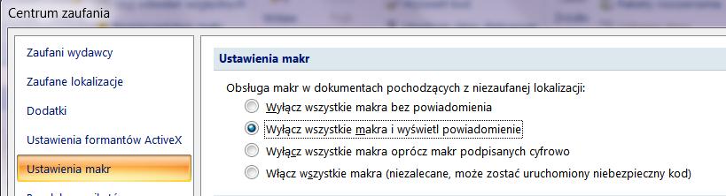 powiadomienie, po uruchomieniu pliku zawierającego makra zostanie