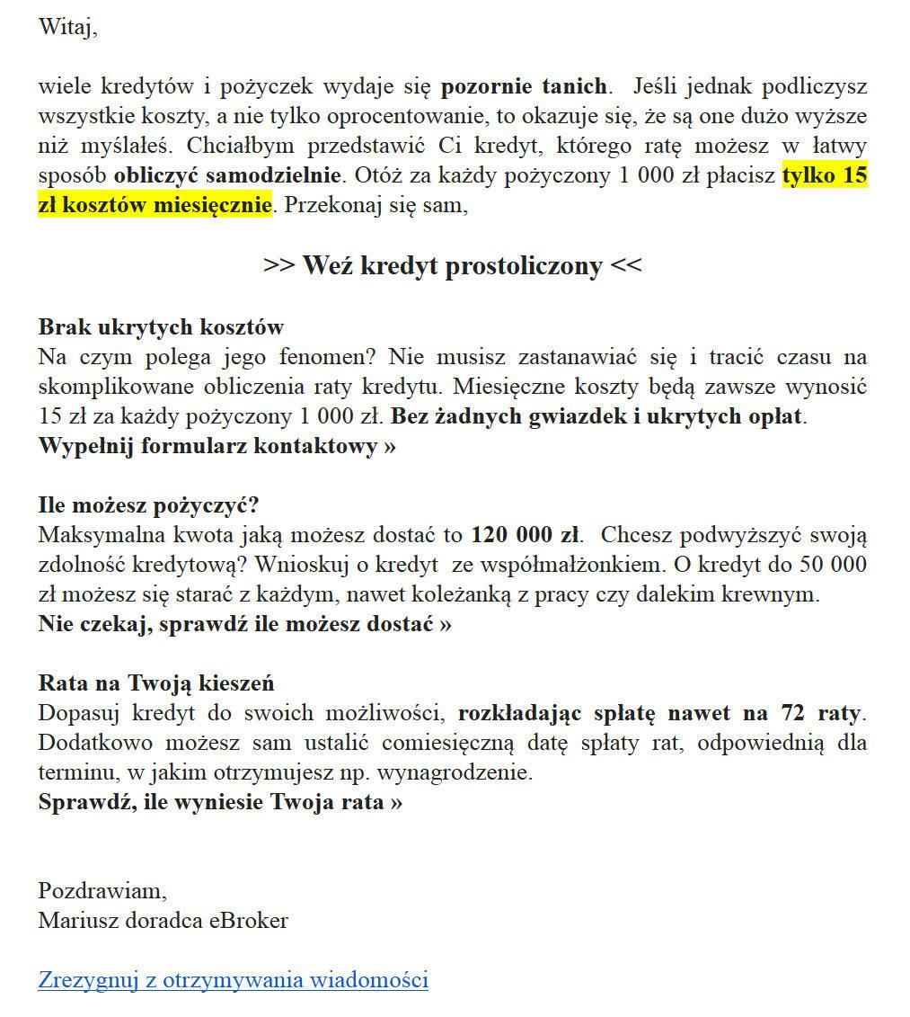 Mailing tekstowy Istnieje również możliwość wysyłki mailingu w formie tekstowej. Pozycja sponsorowana Mailing tekstowy jest wysyłany w modelu CPM (za 1000 odsłon) lub Flat Fee (do całej bazy), np.