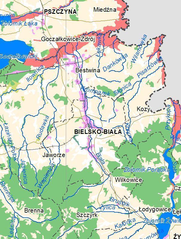 Ryc. Obszary narażone na niebezpieczeństwo powodzi wskazane we Wstępnej ocenie ryzyka powodziowego Żródło: Raport z wykonania Wstępnej oceny ryzyka powodziowego.