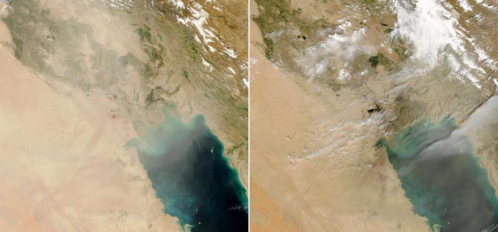 Po lewej burza piaskowa nad Zatoką Perską, po