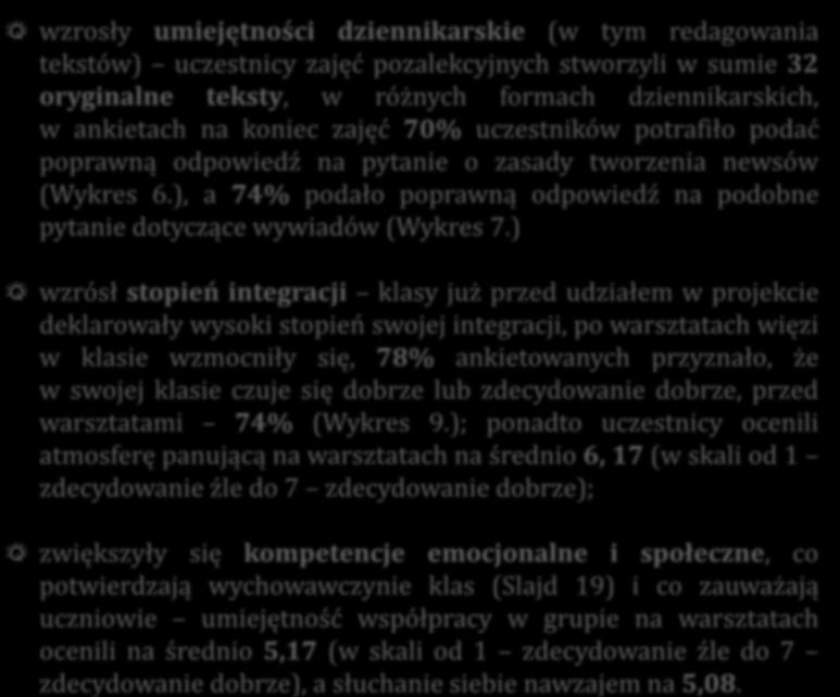 zwiększyły się kompetencje emocjonalne i społeczne, co potwierdzają wychowawczynie klas (Slajd 19) i co zauważają uczniowie umiejętność współpracy w grupie na warsztatach ocenili na średnio 5,17 (w