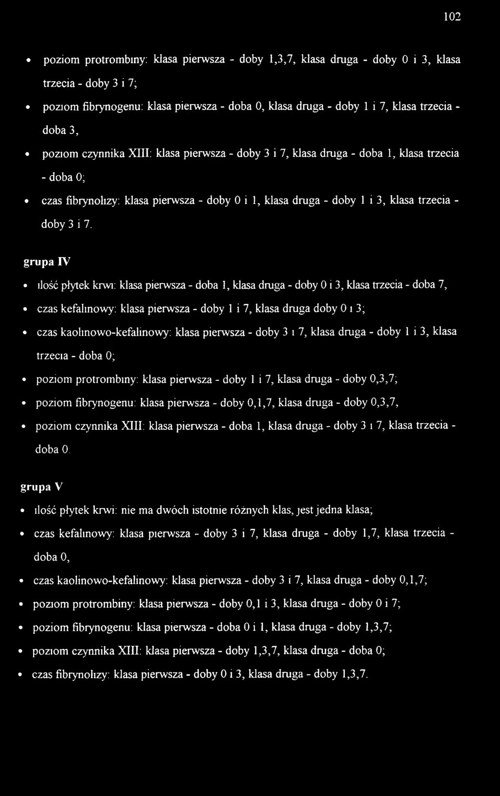 grupa IV ilość płytek krwi: klasa pierwsza - doba 1, klasa druga - doby 0 i 3, klasa trzecia - doba 7, czas kefalinowy; klasa pierwsza - doby 1 i 7, klasa druga doby 0 i 3; czas kaolmowo-kefalinowy;