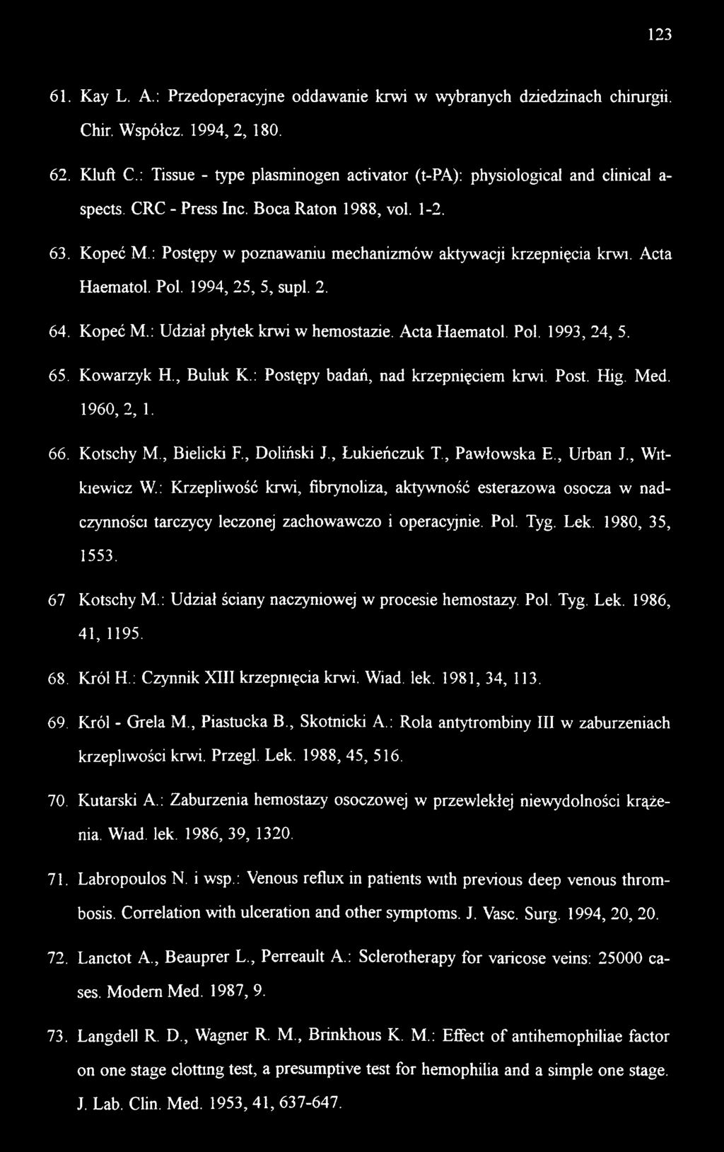 : Postępy w poznawaniu mechanizmów aktywacji krzepnięcia krwi. Acta Haematol. Pol. 1994, 25, 5, supl. 2. 64. Kopeć M.: Udział płytek krwi w hemostazie. Acta Haematol. Pol. 1993, 24, 5. 65. Kowarzyk H.