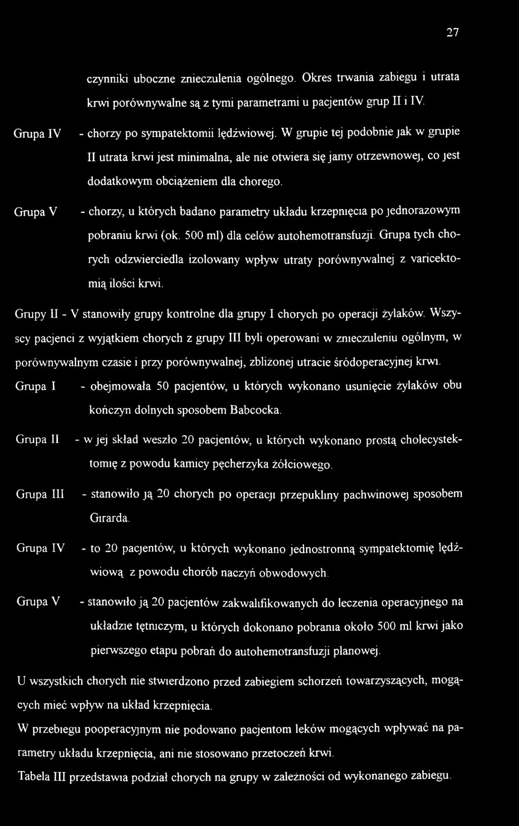 Grupa V - chorzy, u których badano parametry układu krzepnięcia po jednorazowym pobraniu krwi (ok. 500 ml) dla celów autohemotransfuzji.