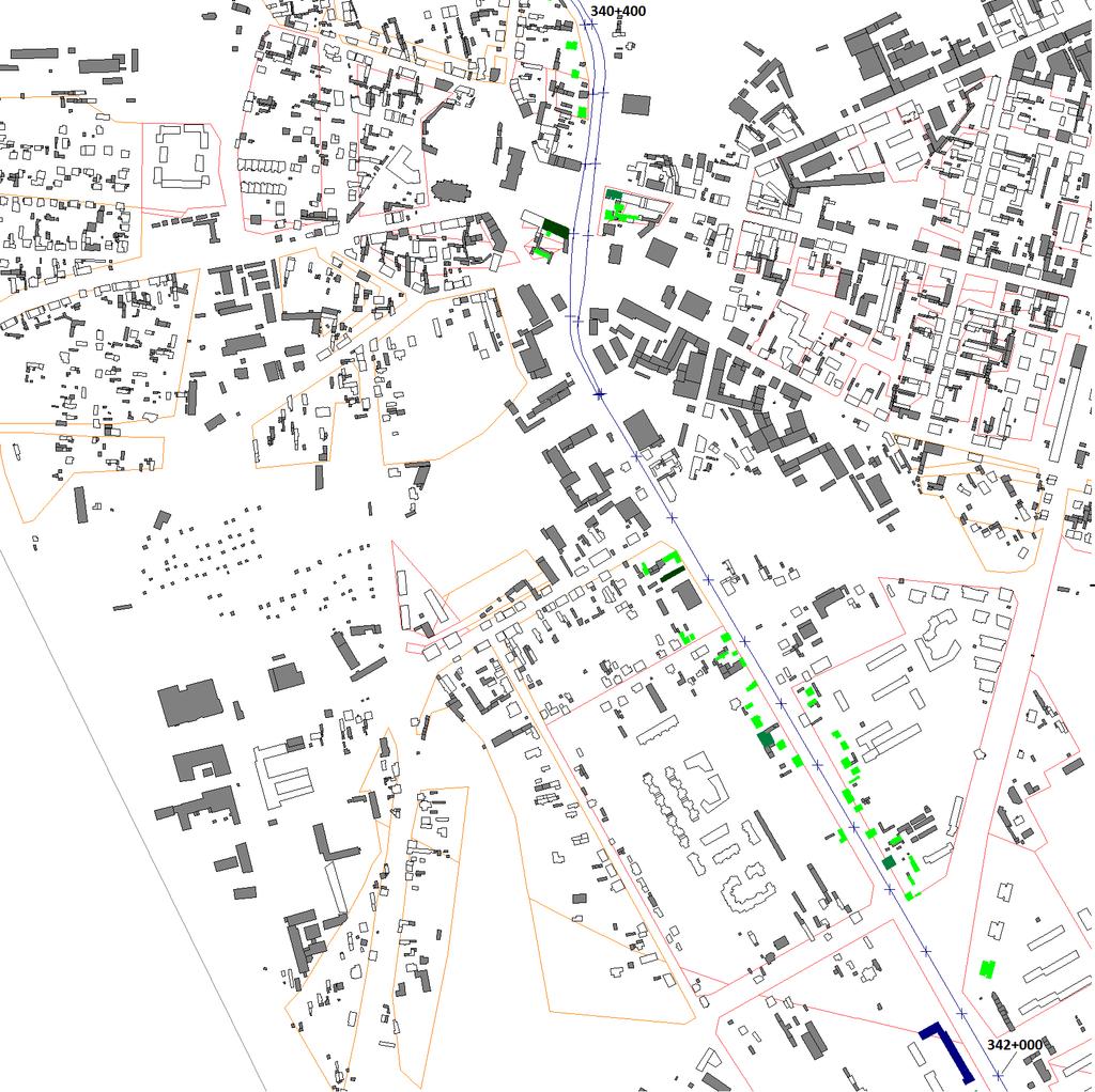 Mapa rozkładu przestrzennego wartości wskaźnika M dla LDWN Droga krajowa nr 91 odcinek Zgierz - Łódź od km 340+400 do km 342+000 Wartości