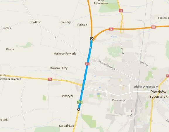 Rysunek 6. Lokalizacja analizowanego odcinka Autostrady A1 ma odcinku Droga 8 Rokszyce.
